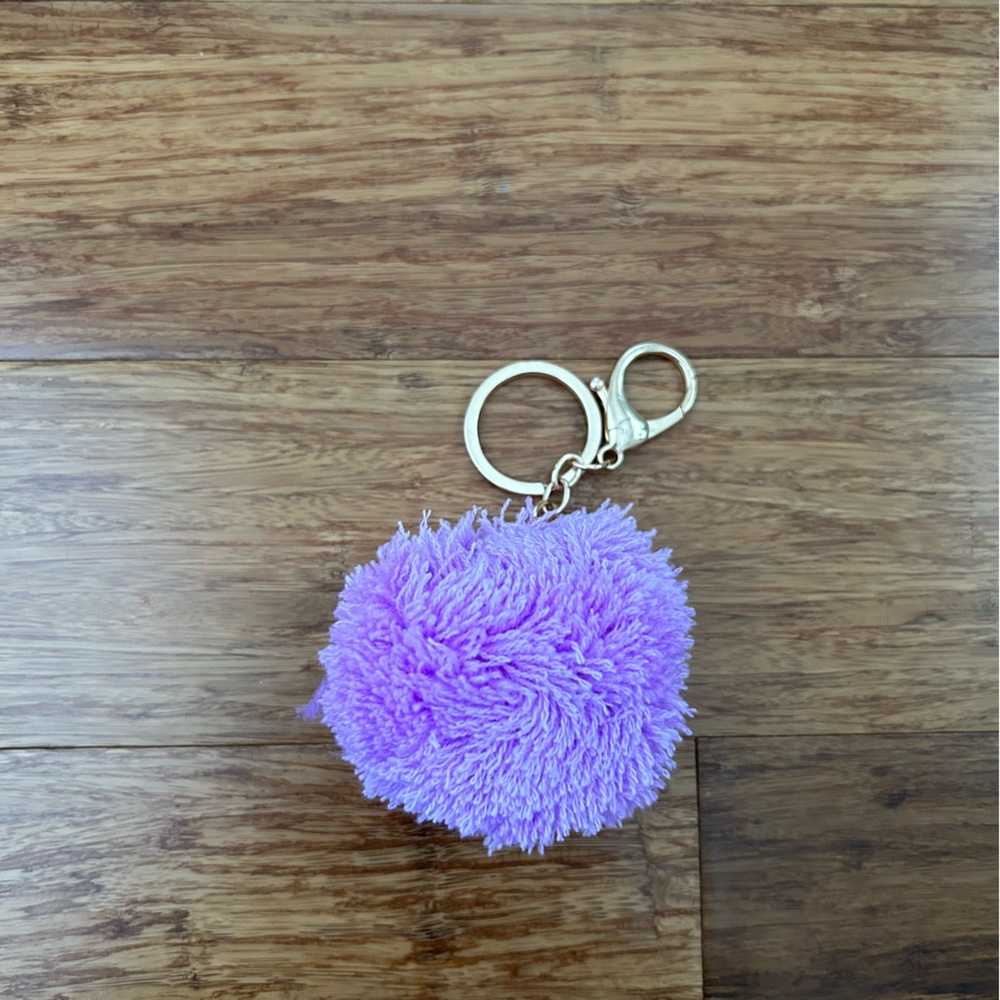 Purple Pom Pom poof keychain with gold key ring